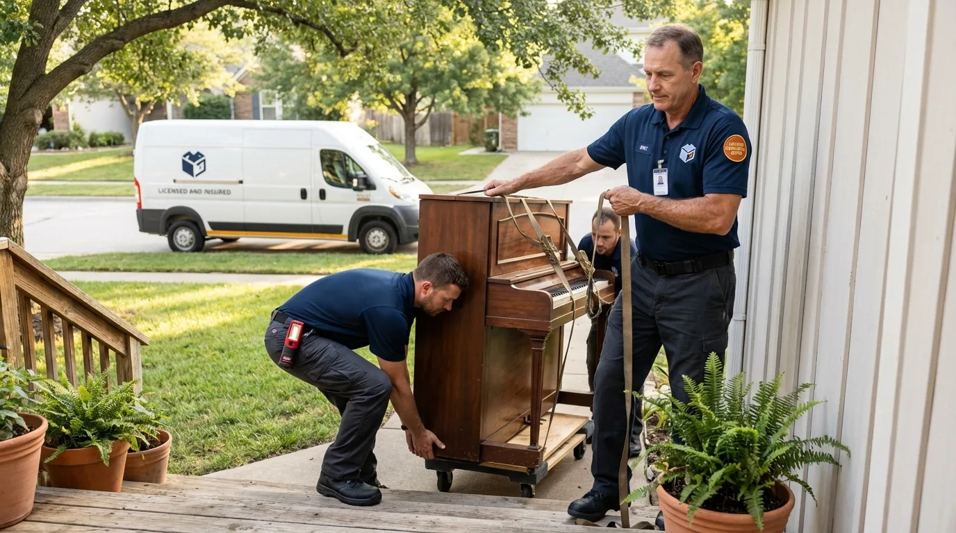 Licensed piano movers securing grand piano in Arlington, VA