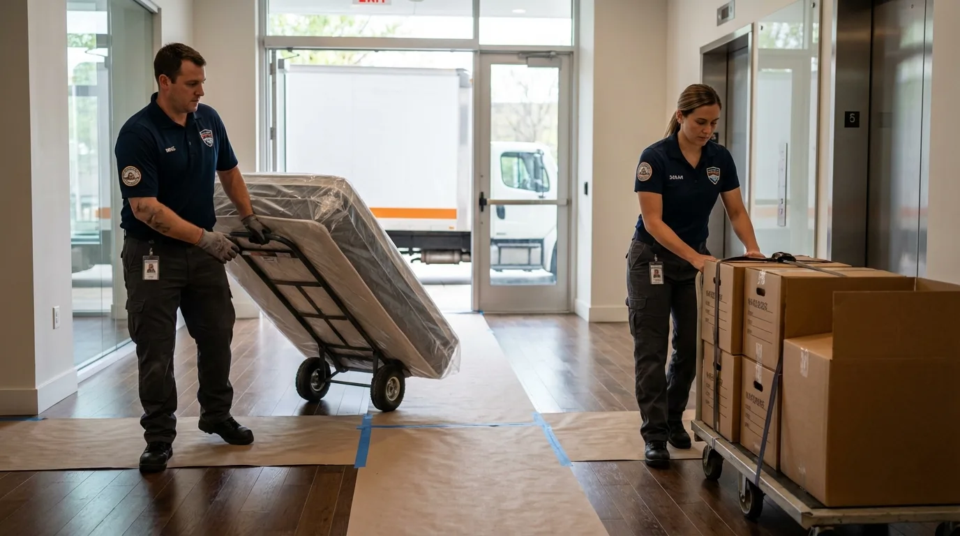 Professional apartment movers loading elevator in Arlington, VA